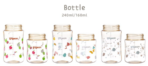 6種類のボトル。左から「Apple（アップル） 240ml／160ml」「Doodle（ドゥードゥル） 240ml／160ml」「Twinkle（トゥインクル） 240ml／160ml」。
